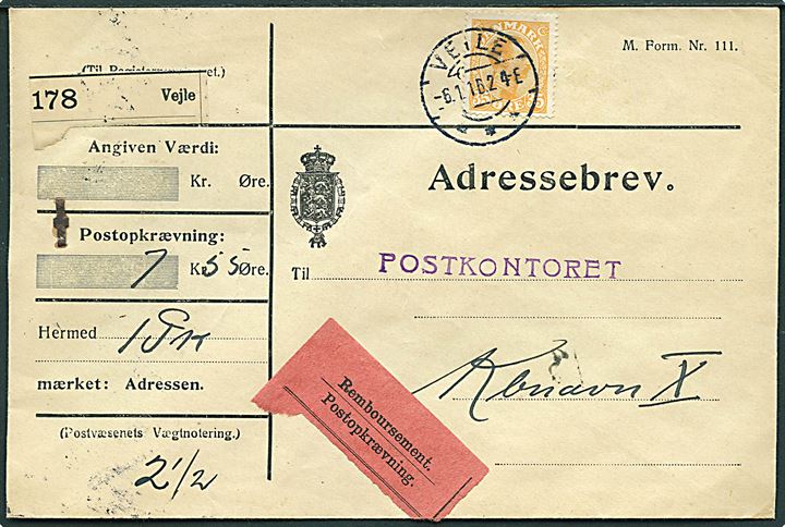 35 øre Chr. X single på adressebrev for pakke med postopkrævning fra Veile d. 6.1.1916 til København.