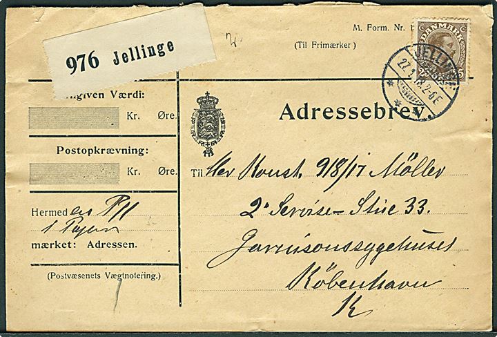 25 øre Chr. X single på adressebrev for pakke fra Jellinge d. 27.1.1918 til soldat på Garnisonssygehuset i København.