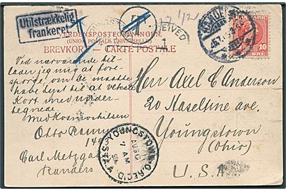 10 øre Chr. IX på underfrankeret brevkort fra Randers d. 26.7.1906 til Youngstown, USA. Rammestempel Utilstrækkelig frankeret, men ikke udtakseret i porto i USA.
