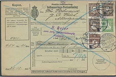 5 øre Bølgelinie, 10 øre Chr. IV, 15 øre Chr. X og 15 øre Chr. IV og 15 øre Chr. X (sammentrykt parstykke) Postjubilæum på retur Indkasserings-Postanvisning fra Randers d. 22.12.1924 til Allingaabro.