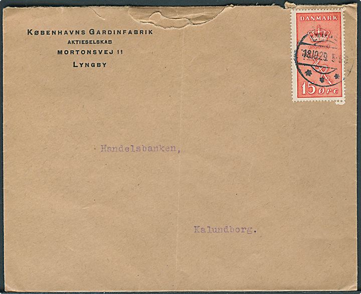 15+5 øre Kræftmærke på brev fra Lyngby d. 18.10.1929 til Kalundborg. Lodret fold.