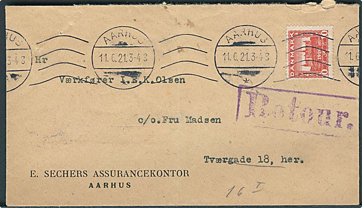 10 øre Genforening single på lokalbrev i Aarhus d. 11.6.1921. Retur med rammestempel: Retour.. På bagsiden påskrevet: Rejst til København. Adresse Ubekjendt.