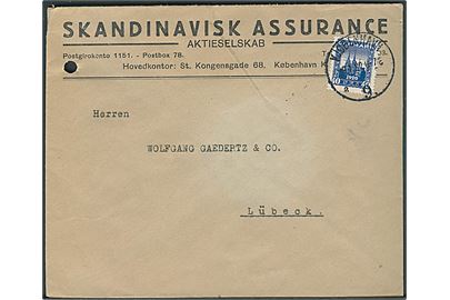 40 øre Genforening på brev fra Kjøbenhavn d. 9.1.1922 til Lübecj, Tyskland. Arkivhul.