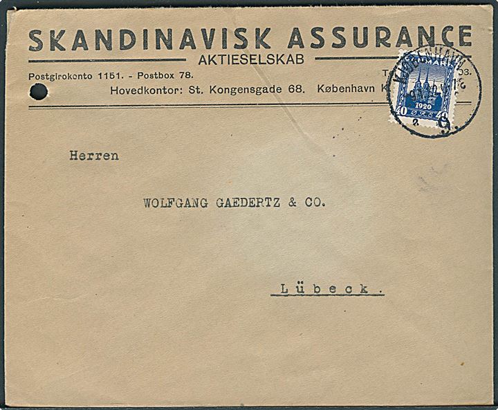 40 øre Genforening på brev fra Kjøbenhavn d. 9.1.1922 til Lübecj, Tyskland. Arkivhul.