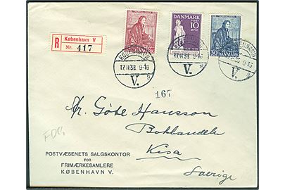 Komplet sæt Thorvaldsen udg. på uofficiel FDC sendt anbefalet fra København d. 17.11.1938 til Kisa, Sverige.