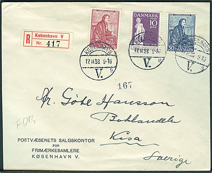 Komplet sæt Thorvaldsen udg. på uofficiel FDC sendt anbefalet fra København d. 17.11.1938 til Kisa, Sverige.