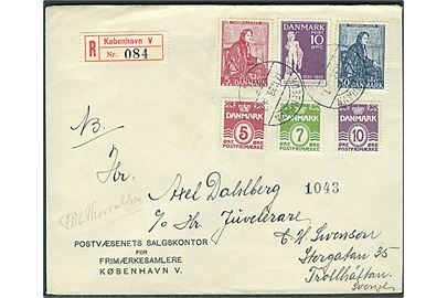 5 øre, 7 øre og 10 øre Bølgelinie, samt komplet sæt Thorvaldsen udg. på uofficiel FDC sendt anbefalet fra København d. 17.11.1938 til Trollhättan, Sverige.