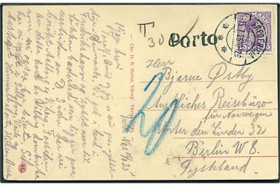15 øre Chr. X på underfrankeret brevkort fra Fredericia d. 15.7.1925 til Berlin, Tyskland. Sort stempel Porto og udtakseret i 20 pfg. tysk porto.