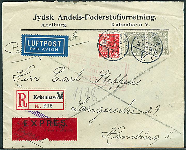 15 øre Karavel og 50 øre Chr. X i parstykke på 115 øre frankeret anbefalet luftpost ekspresbrev fra København d. 18.2.1929 til Hamburg, Tyskland. Rammestempel: Mit Luftpost befördert Hamburg 1.