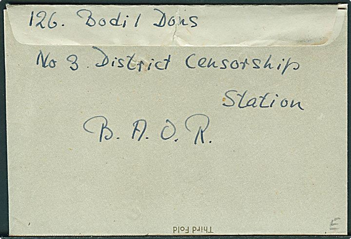 Ufrankeret OAS Letter form stemplet Army Post Office 432 (= Hamburg) d. 12.9.1946 til Kolding, Danmark. Fra dansk kvindelig postcensor ved No. 3 District Censorship Station, B.A.O.R.