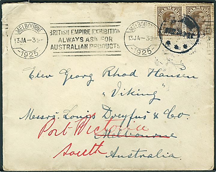 20 øre Chr. X i parstykke på brev annulleret med utydelig stempel d. x.12.1924 til Elev ombord på skoleskibet Viking i Melbourne, Australien - eftersendt til Port Victoria.