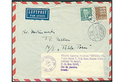 60 øre Fr. IX og 1 kr. Rigsvåben på luftpostbrev fra Nykøbing F. d. 15.12.1952 til sømand ombord på M/S Tekla Torm via rederiadresse i København - eftersendt til Rio de Janeiro, Brasilien.