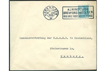 25 øre Karavel på brev fra København d. 31.1.1933 til Handelsvertretung der U.d.S.S.R. in Deutschland, Hamburg, Tyskland.