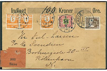 1 øre Bølgelinie (3), 40 øre Genforening og 27 øre/5 kr. Provisorium på værdibrev fra Skive d. 30.7.1923 til København. Lodret fold.