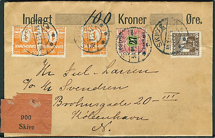 1 øre Bølgelinie (3), 40 øre Genforening og 27 øre/5 kr. Provisorium på værdibrev fra Skive d. 30.7.1923 til København. Lodret fold.