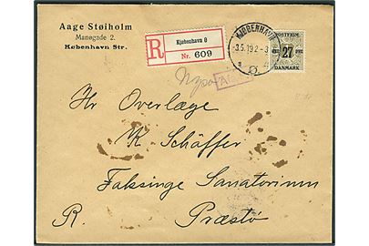 27/1 øre Provisorium single på anbefalet brev fra Kjøbenhavn d. 3.5.1919 til Faksinge pr. Præstø. Rammestempel: Afs. F.