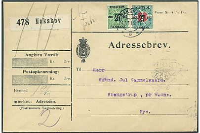 27/20 øre og 27 øre/1 kr. Provisorium på adressebrev for pakke fra Nakskov d. 24.3.1919 til Brangstrup pr. Rudme. Påskrevet: Afs. Frk.