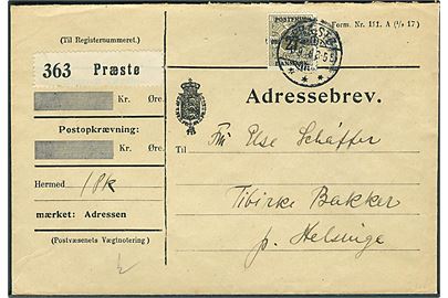 27/1 øre Provisorium single på adressebrev for pakke fra Præstø d. x.9.1918 til Tibirke Bakker pr. Helsinge.