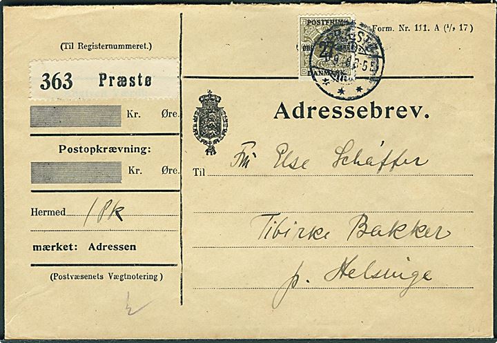 27/1 øre Provisorium single på adressebrev for pakke fra Præstø d. x.9.1918 til Tibirke Bakker pr. Helsinge.