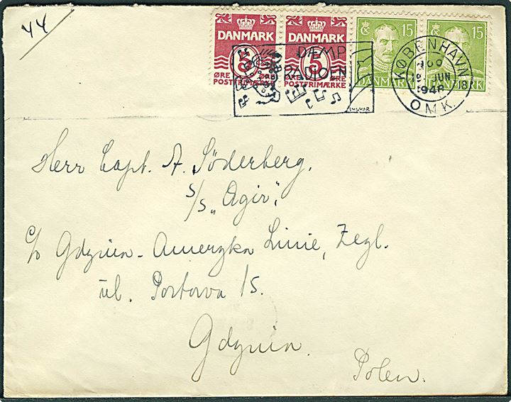 5 øre Bølgelinie (2) og 15 øre Chr. X (2) på brev fra København d. 19.6.1948 til sømand ombord på Svitzers bjerningsskib S/S Ægir i Gdynia, Polen.