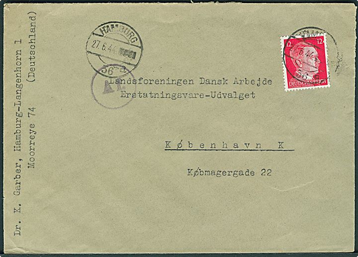 12 pfg. Hitler på brev fra Hamburg d. 27.6.1944 til København, Danmark. Passér stemplet Af ved den tyske censur i Hamburg.