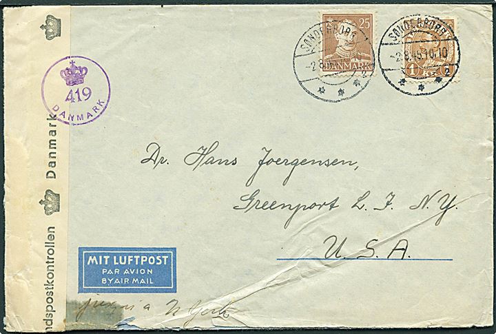 25 øre og 1 kr. Chr. X på luftpostbrev fra Sønderborg d. 2.8.1945 til Greenport, USA. Åbnet af dansk efterkrigscensur (krone)/419/Danmark. Fold.