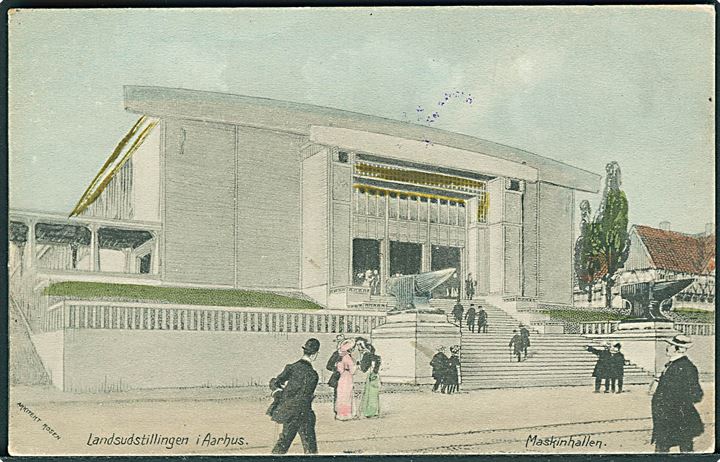 Landsudstillingen i Aarhus 1909. Maskinhallen. Arkitekt Rosen. Stenders no. 17842. Stempel fra Landsudstillingen Aarhus på adressesiden. 