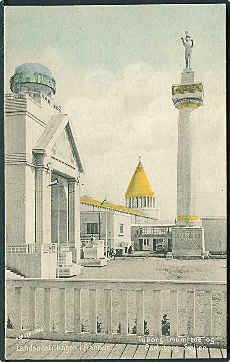 Landsudstillingen i Aarhus 1909. Tuborg Triumfbue og Carlsberg Søjlen. Stempel fra Landsudstillingen Aarhus på adressesiden. 