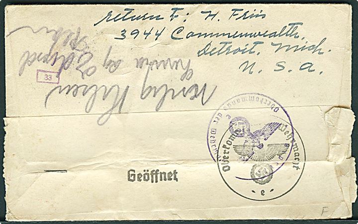 30 cents Winged Globe på luftpostbrev fra Detroit d. 13.2.1941 til Hillerød, Danmark - eftersendt til Græsted. Åbnet af tysk censur i Frankfurt.
