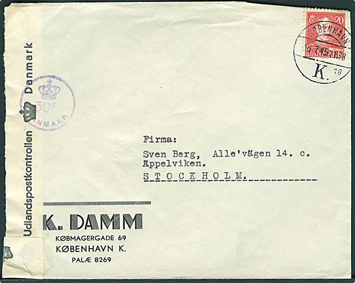 20 øre Chr. X på brev fra København d. 16.7.1945 til Stockholm, Sverige. Åbnet af dansk efterkrigscensur (krone)/305/Danmark.