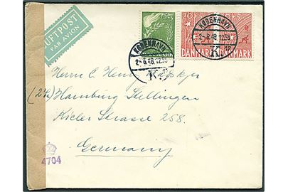 15+5 øre og 20+5 øre (par) Frihedsfonden på luftpostbrev fra København d. 2.6.1948 til Hamburg, Tyskland. Åbnet af britisk censur i Tyskland.