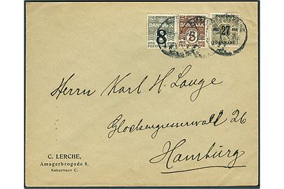 5 øre Bølgelinie, 8/3 øre og 27/1 øre Provisorium på brev annulleret med svagt stempel i København til Hamburg, Tyskland.