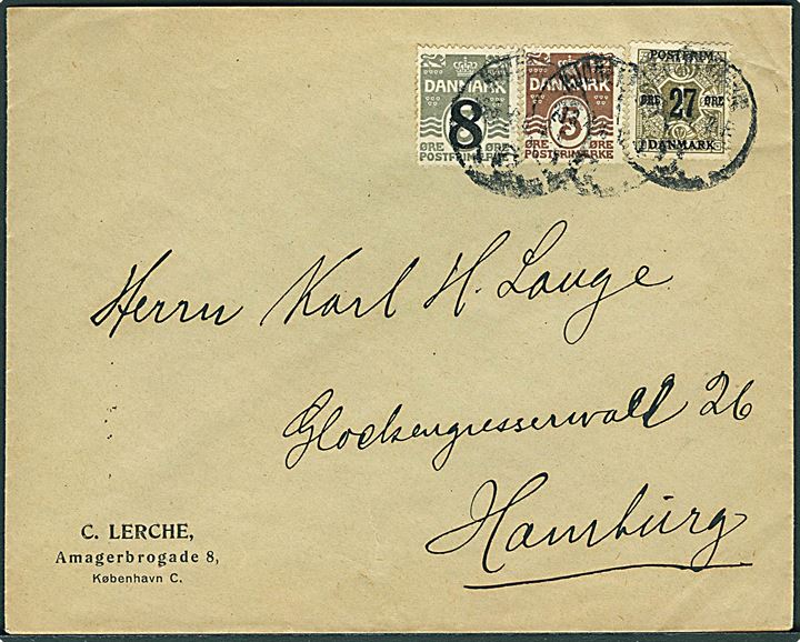 5 øre Bølgelinie, 8/3 øre og 27/1 øre Provisorium på brev annulleret med svagt stempel i København til Hamburg, Tyskland.