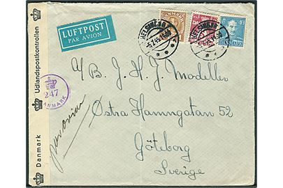 5 øre Bølgelinie, 40 øre og 1 kr. Chr. X på luftpostbrev fra Helsingør d. 5.7.1945 til Göteborg, Sverige. Åbnet af dansk efterkrigscensur (krone)/247/Danmark.