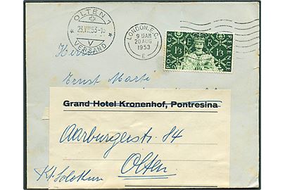 1'3 sh. Elizabeth på brev fra London d. 20.8.1953 til Pontresina, Schweiz - eftersendt til Olten.