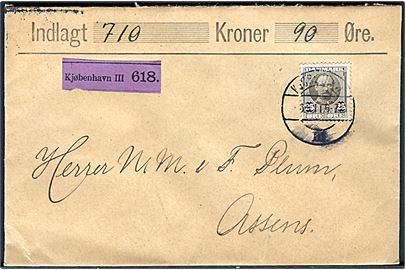 25 øre Fr. VIII single på værdibrev fra Kjøbenhavn d. 6.6.1911 til Assens.