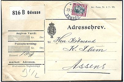 50 øre Chr. X single på adressebrev for pakke fra Odense d. 21.2.1919 til Assens.