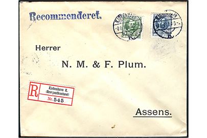 5 øre og 20 øre Fr. VIII på anbefalet brev fra Kjøbenhavn d. 8.6.1911 til Assens.