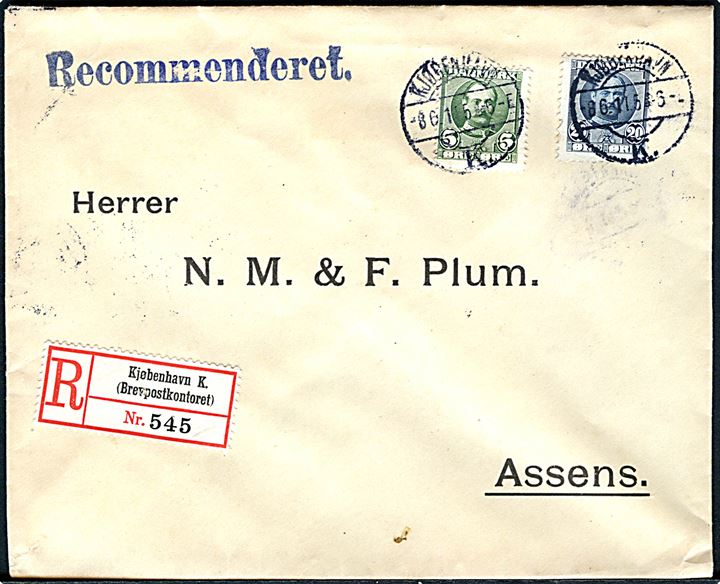 5 øre og 20 øre Fr. VIII på anbefalet brev fra Kjøbenhavn d. 8.6.1911 til Assens.