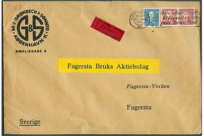 20 øre (par) og 40 øre Chr. X med perfin G&S på firmakuvert fra M. J. Grønbech & Sønner sendt som ekspres fra København d. 25.1.1945 til Fagersta, Sverige. Åbnet af sønderborg censuren med neutral brun banderole (30 mm) stemplet Zensurstelle k. 