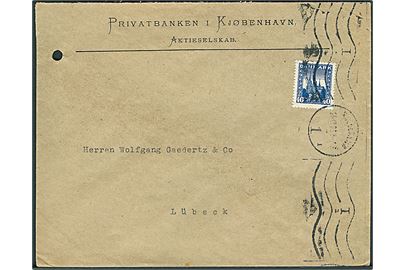 40 øre Genforening på brev fra Kjøbenhavn d. 20.12.1921 til Lübeck, Tyskland. Arkivhul.