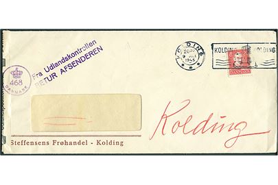 20 øre Chr. X på rudekuvert fra Kolding d. 9.7.1945 til udlandet. Retur med stempel Fra Udlandskontrollen Retur Afsenderen og på bagsiden: Retur i Henhold til indlagt Meddelelse. Åbnet af dansk efterkrigscensur (krone)/468/Danmark.