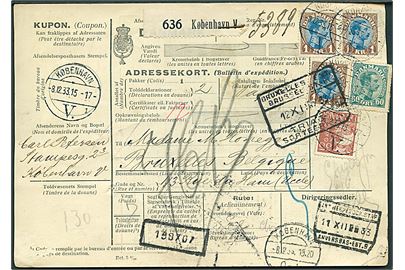 35 øre Karavel, 60 øre og 1 kr. (3) Chr. X på 3,95 kr. frankeret internationalt adressekort for pakke fra København d. 8.12.1933 til Bruxelles, Belgien. 60 øre yderligt placeret.