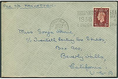 1½d George VI på brev fra London d. 10.2.1938 til den norske isprinsesse Sonja Heine c/o 20th Century Fox Studios, Beverley Hills, USA. Påskrevet per S/S Manhattan. Sonja Henie vandt guld i kunstskøjteløb ved vinter olympiade 1928, 1932 og 1936, samt blev verdensmester 1927-1936 og europamester 1931-1936. Hun deltog i en række internationale isshows og medvirkede i flere amerikanske skøjtefilm.