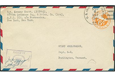 6 cents luftpost helsagskuvert stemplet U. S. Army Postal Service APO 558 (= Bungay, England) d. 6.5.1944 til USA. Unit censor no. 13223.