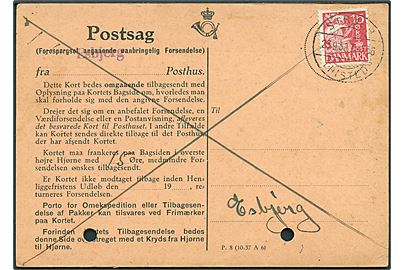 15 øre Karavel annulleret med bureaustempel Struer - Thisted T.736 d. 23.9.1939 på forespørgsel vedr. uanbringelig forsendelse til Esbjerg. 2 arkivhuller.