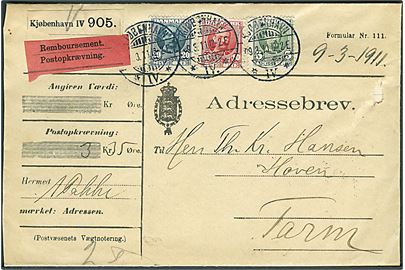 5 øre, 10 øre og 20 øre Fr. VIII på adressebrev for pakke med opkrævning fra Kjøbenhavn d. 9.3.1911 til Tarm. Skramme i højre side.