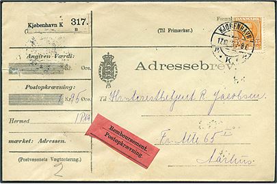 35 øre Fr. VIII single på adressebrev for pakke på opkrævning fra Kjøbenhavn d. 17.10.1913 til Aarhus.