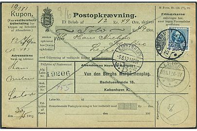 20 øre Fr. VIII single på retur postopkrævning fra Kjøbenhavn d. 29.5.1912 til Lejre.