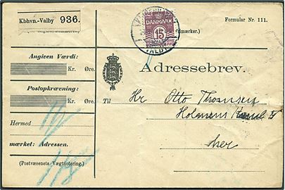 15 øre Bølgelinie single på adressebrev for lokalpakke fra Kjøbenhavn Valby d. 14.3.1913 til København.